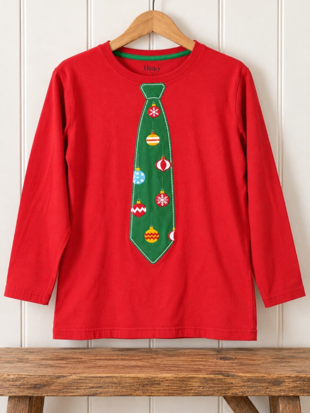 Hatley Christmas T-Shirt Red Men's Medium Long Sleeve Fake Neck Tie Holiday